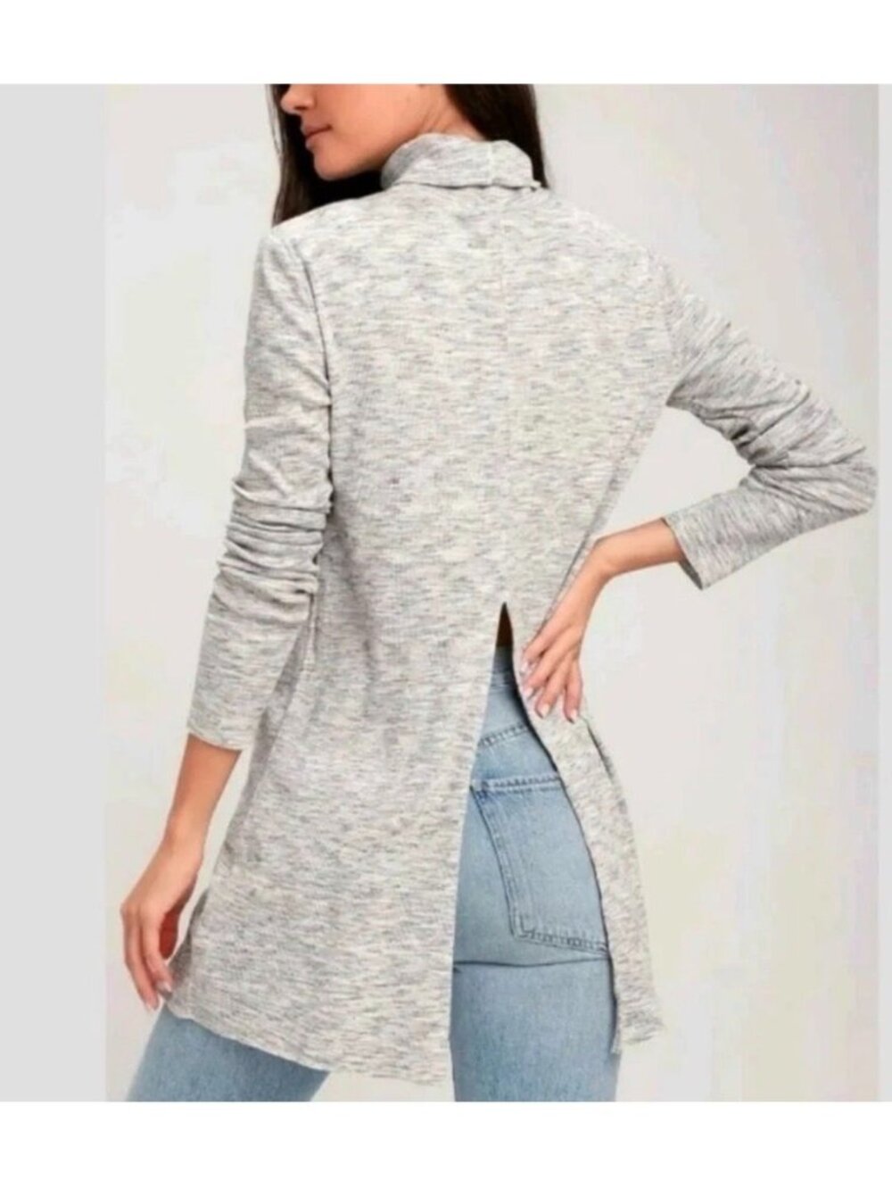 Free People Womens Stone Cold Turtleneck Tunic Sweater Gray Split Back sz Small